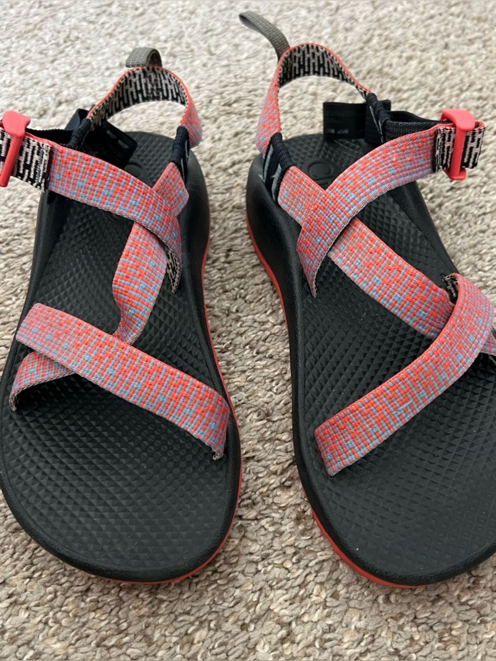 Chaco Kids' Sport Sandals Coral/Blue Striped Webbing w/Black Footbed Size 5 Y